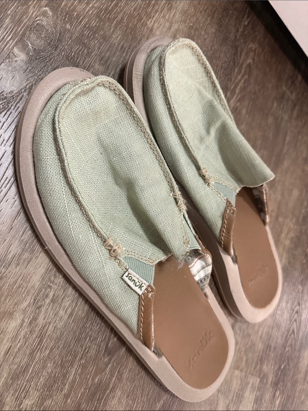 Sanuk Women's Sage Green Canvas Slip-On Mules with Tan Trim worn 1 time